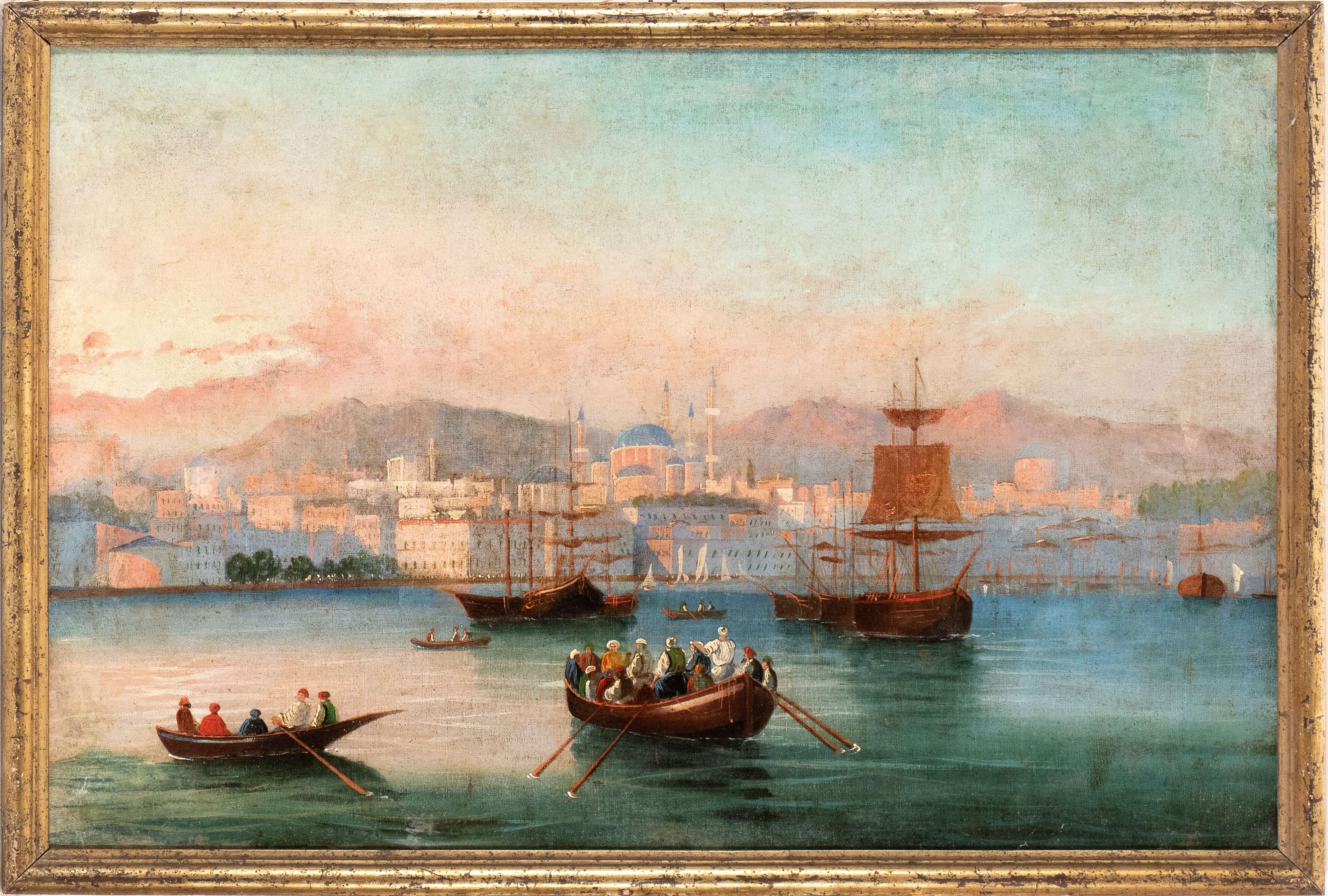 Artista Inglese, XIX Secolo - Autore ignoto, Veduta di Istanbul col Corno d'Oro dal Bosforo, olio...