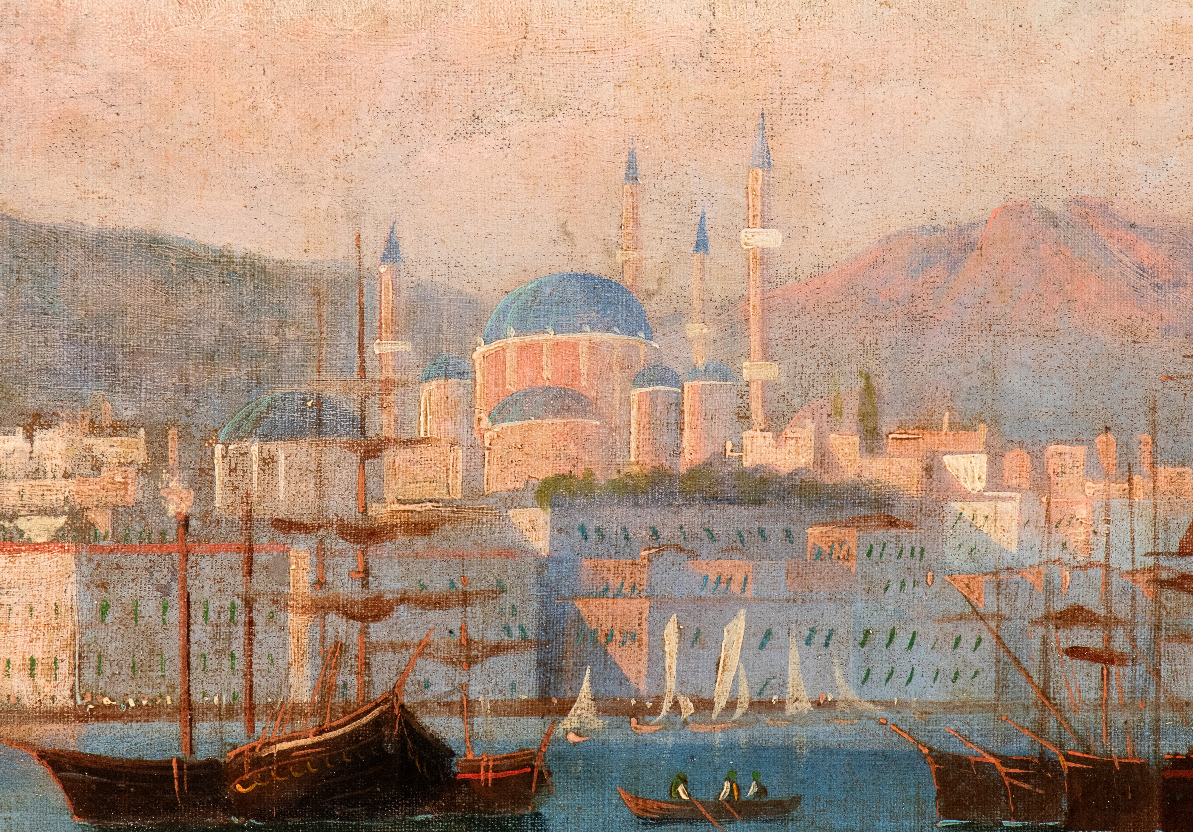 Artista Inglese, XIX Secolo - Autore ignoto, Veduta di Istanbul col Corno d'Oro dal Bosforo, olio...