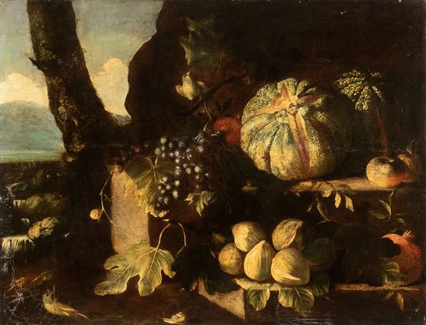 Michelangelo Pace Del Campidoglio - Still life of fruits in a landsacpe