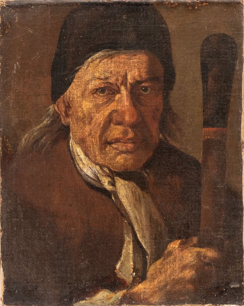 Artista Lombardo, XVIII Secolo - Ritratto di anziano con bastone, olio su tela
