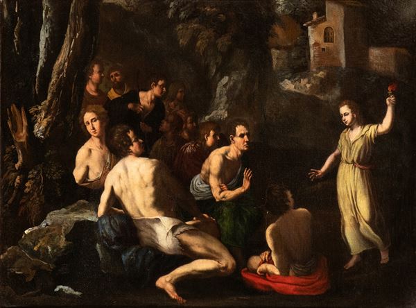 Artista attivo a Napoli, prima metà XVII secolo - Allegorical scene with a girl and a group of wayfarers
