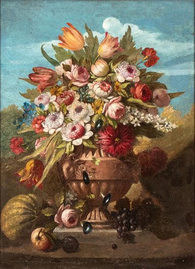 Vaso di fiori con frutta in un giardino, olio su tela, con cornice (XVIII-XIX secolo)
