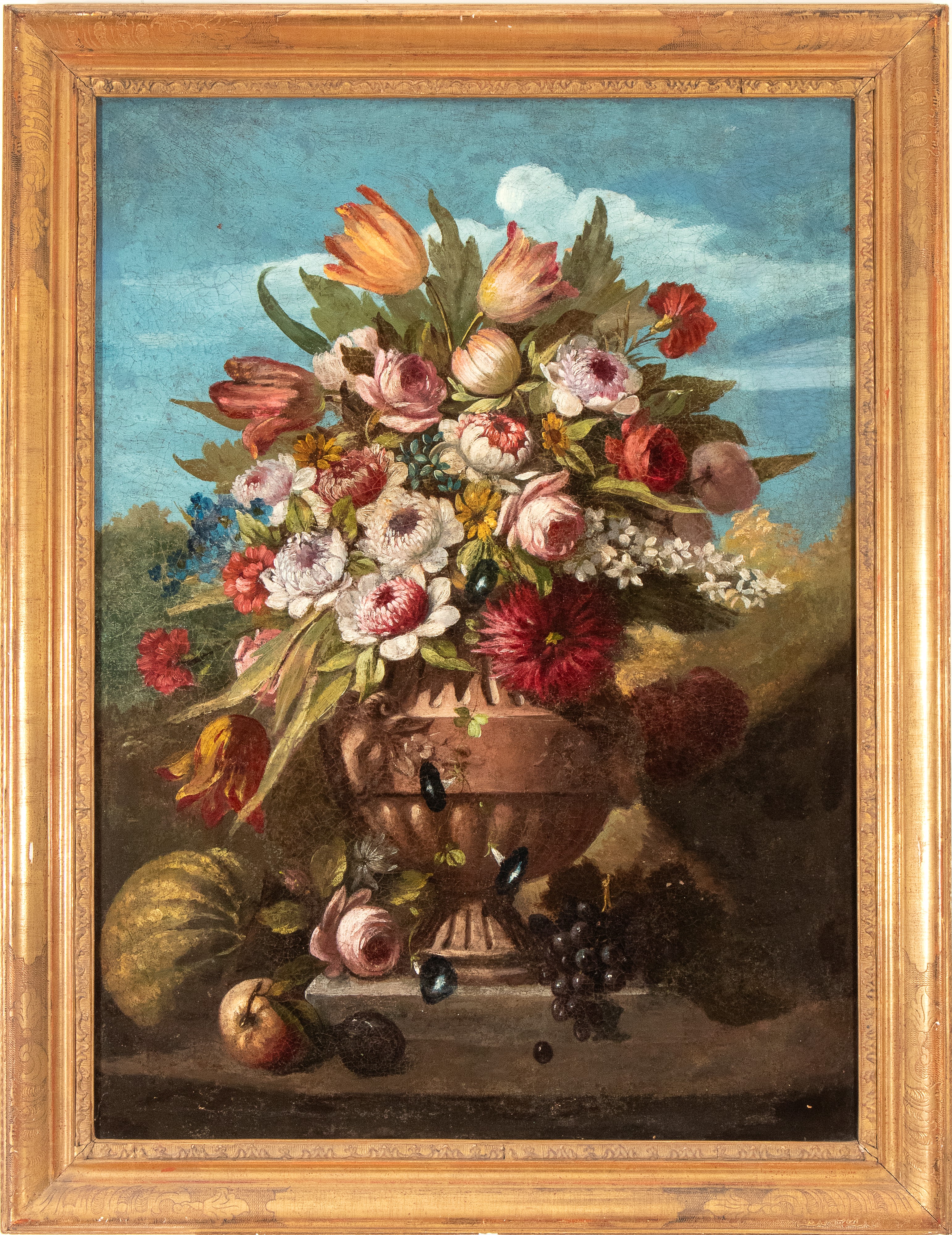 Artista Attivo a Napoli, XVIII Secolo - Vaso di fiori con frutta in un giardino, olio su tela