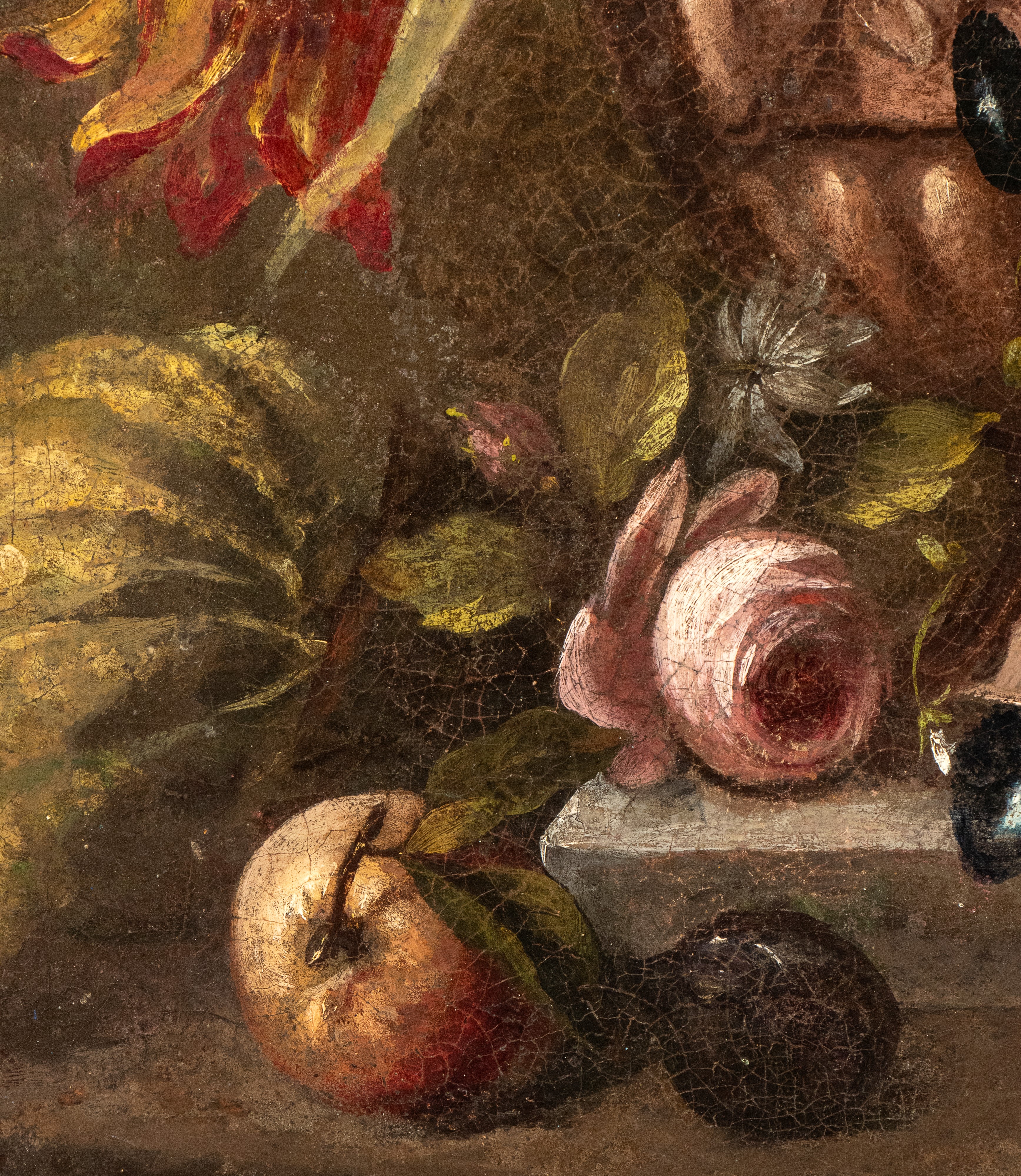 Artista Attivo a Napoli, XVIII Secolo - Vaso di fiori con frutta in un giardino, olio su tela
