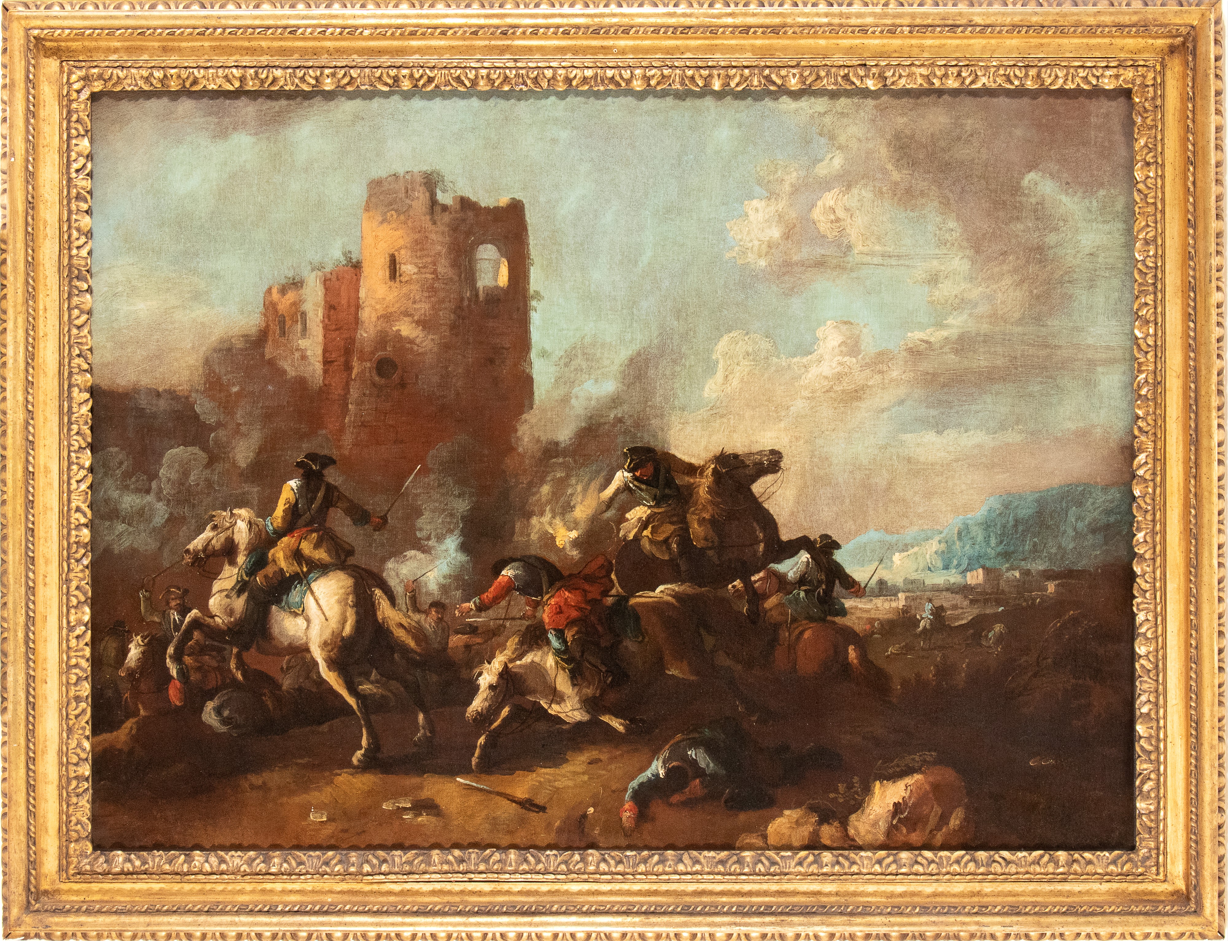 Scontro di cavalieri ai piedi di una torre diroccata