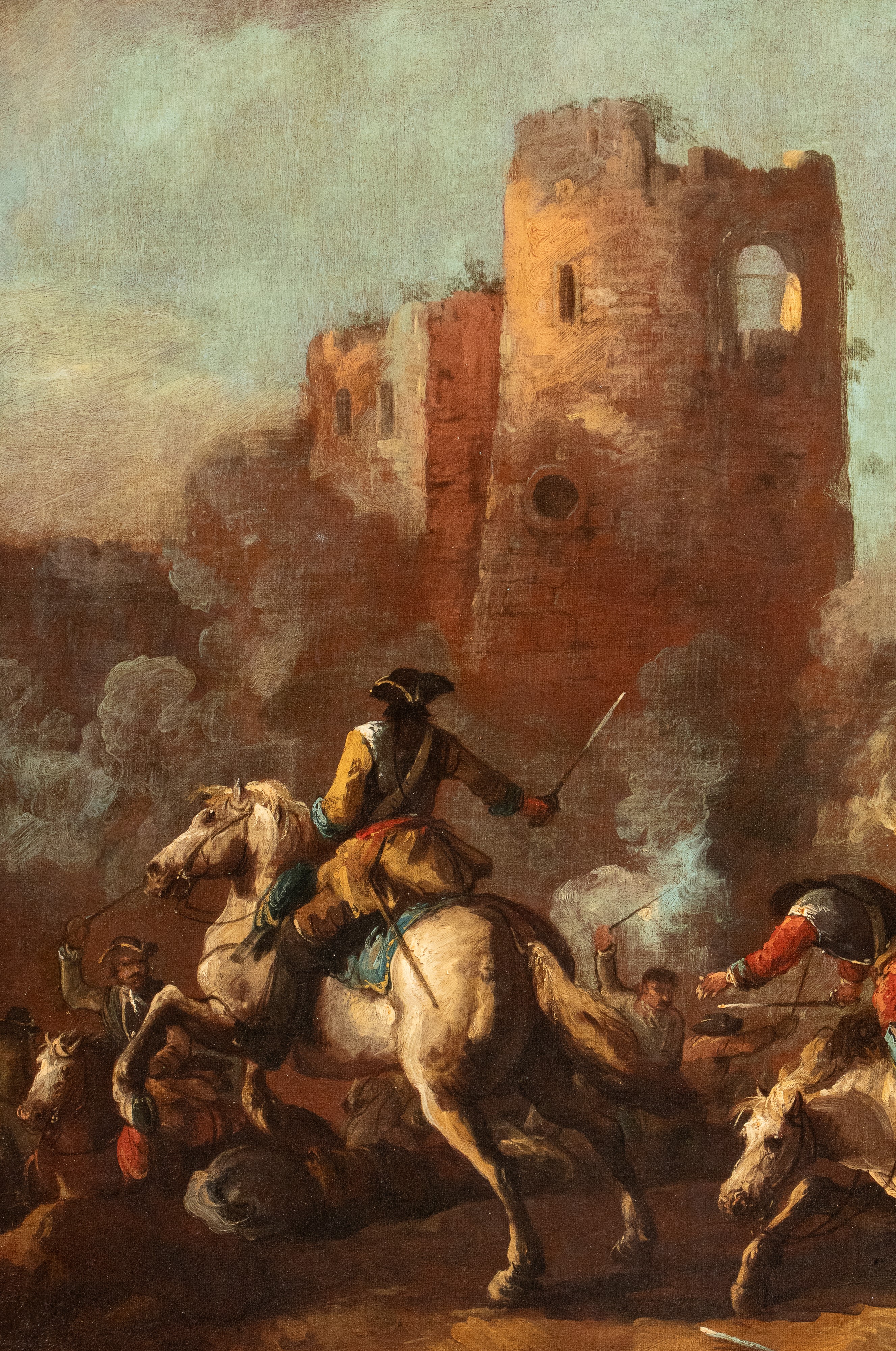 Scontro di cavalieri ai piedi di una torre diroccata