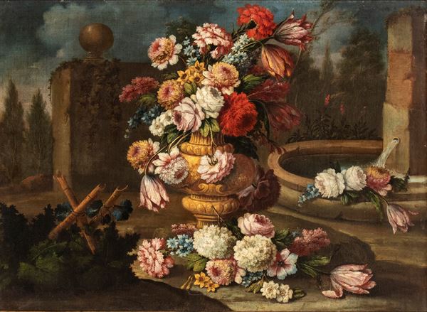 Andrea Belvedere - Bouquet of flowers in a vase near a fountain