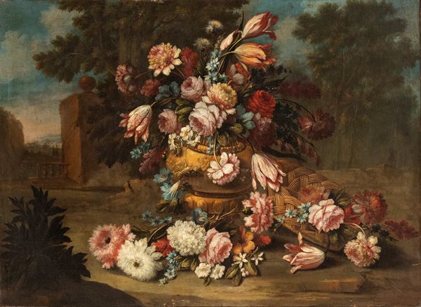 Andrea Belvedere - Bouquet of flowers in a vase with a basket