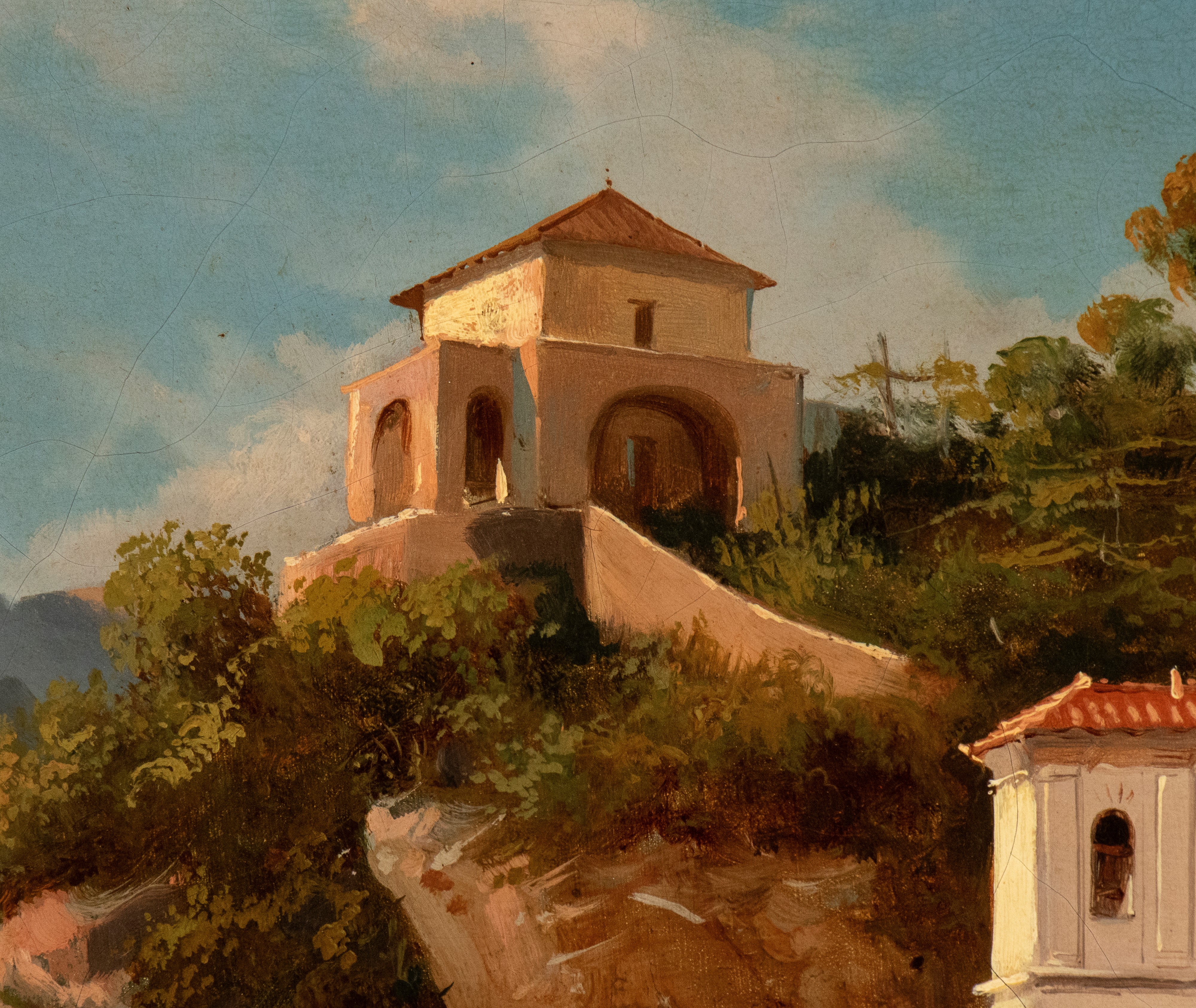 Artista Attivo a Napoli, XIX Secolo - Paesaggio con il santuario dell'Avvocatella a Cava dei Tirr...