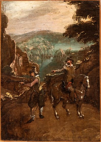 Paesaggio con due figure di cacciatori, olio su tela