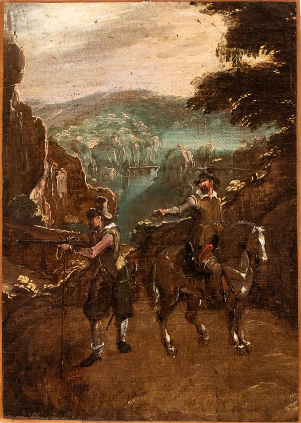 Artista lombardo, XVIII secolo - Landscape with two hunters