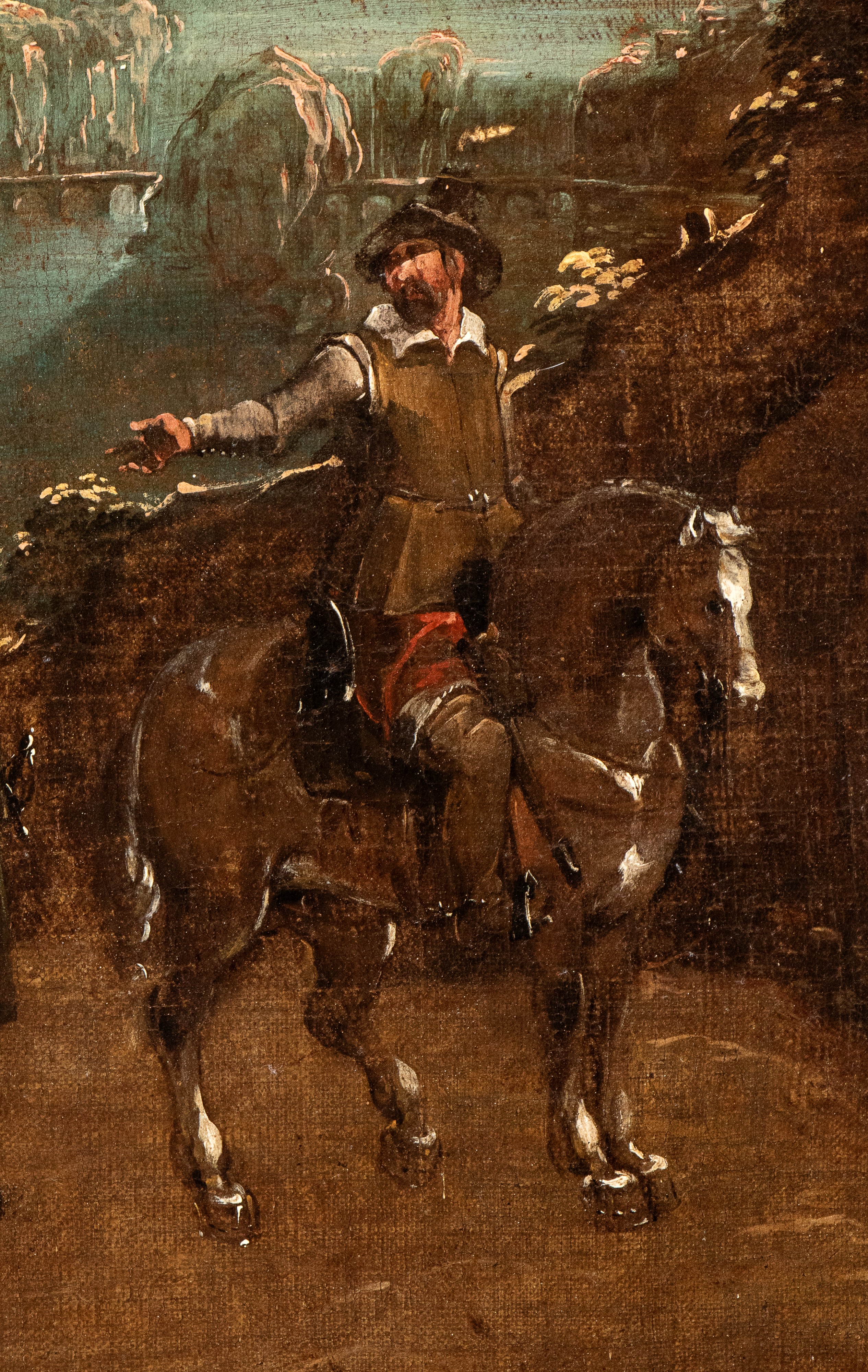 Artista Lombardo, XVIII Secolo - Paesaggio con due figure di cacciatori, olio su tela