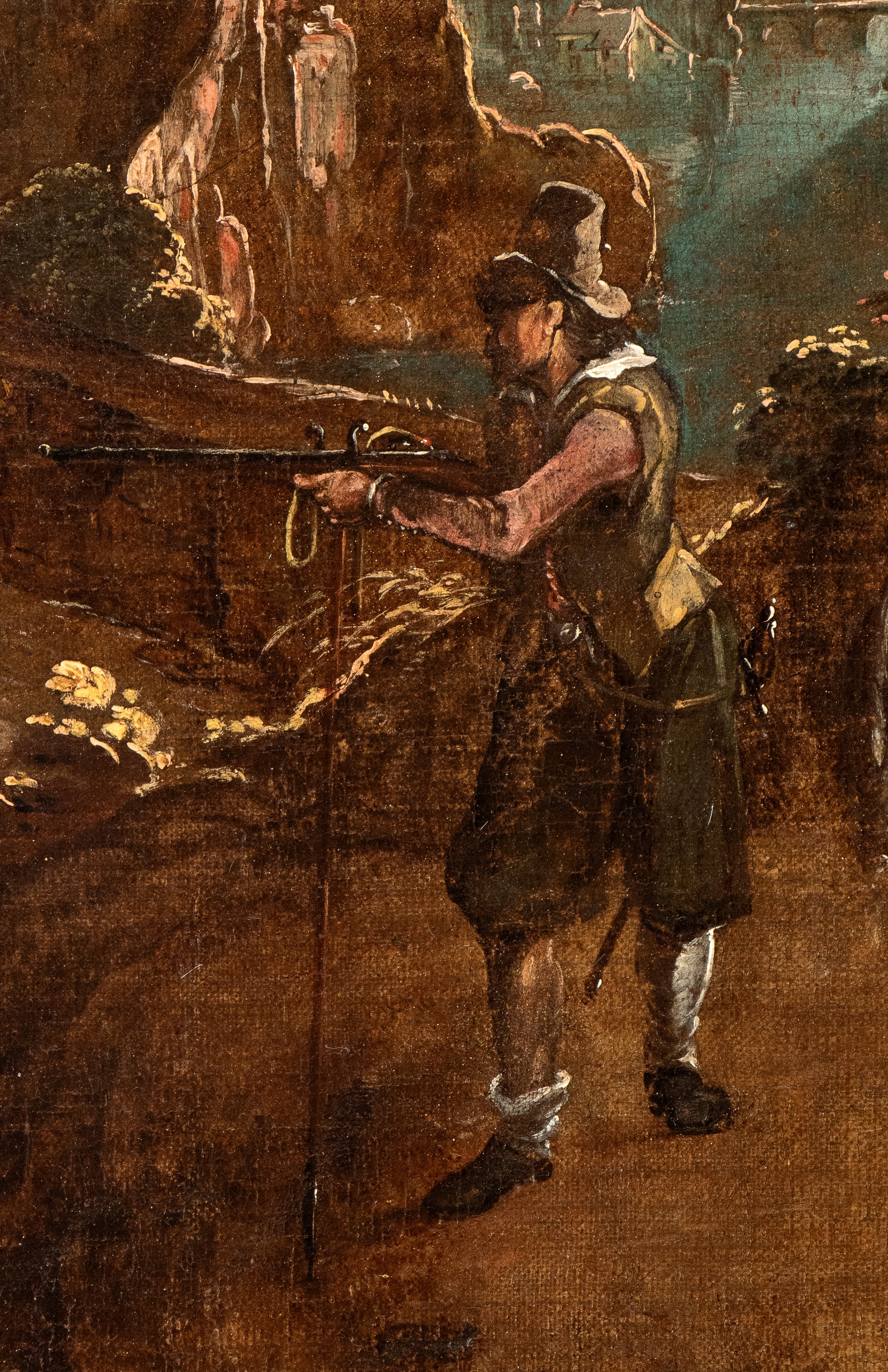Artista Lombardo, XVIII Secolo - Paesaggio con due figure di cacciatori, olio su tela