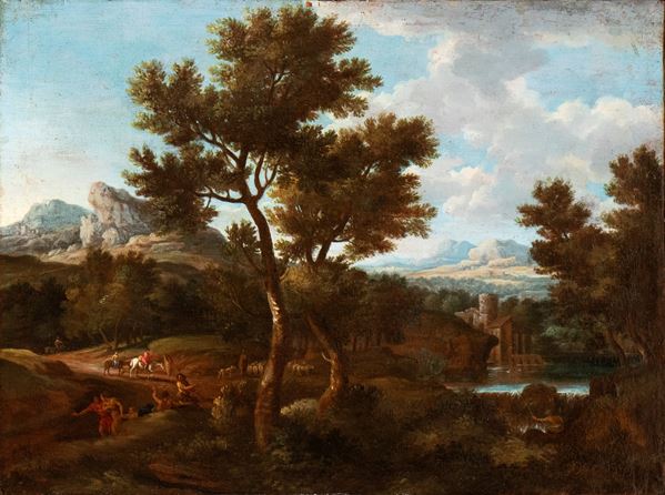Gaspard Dughet - Landscape with a small waterfall, figures, and a castle