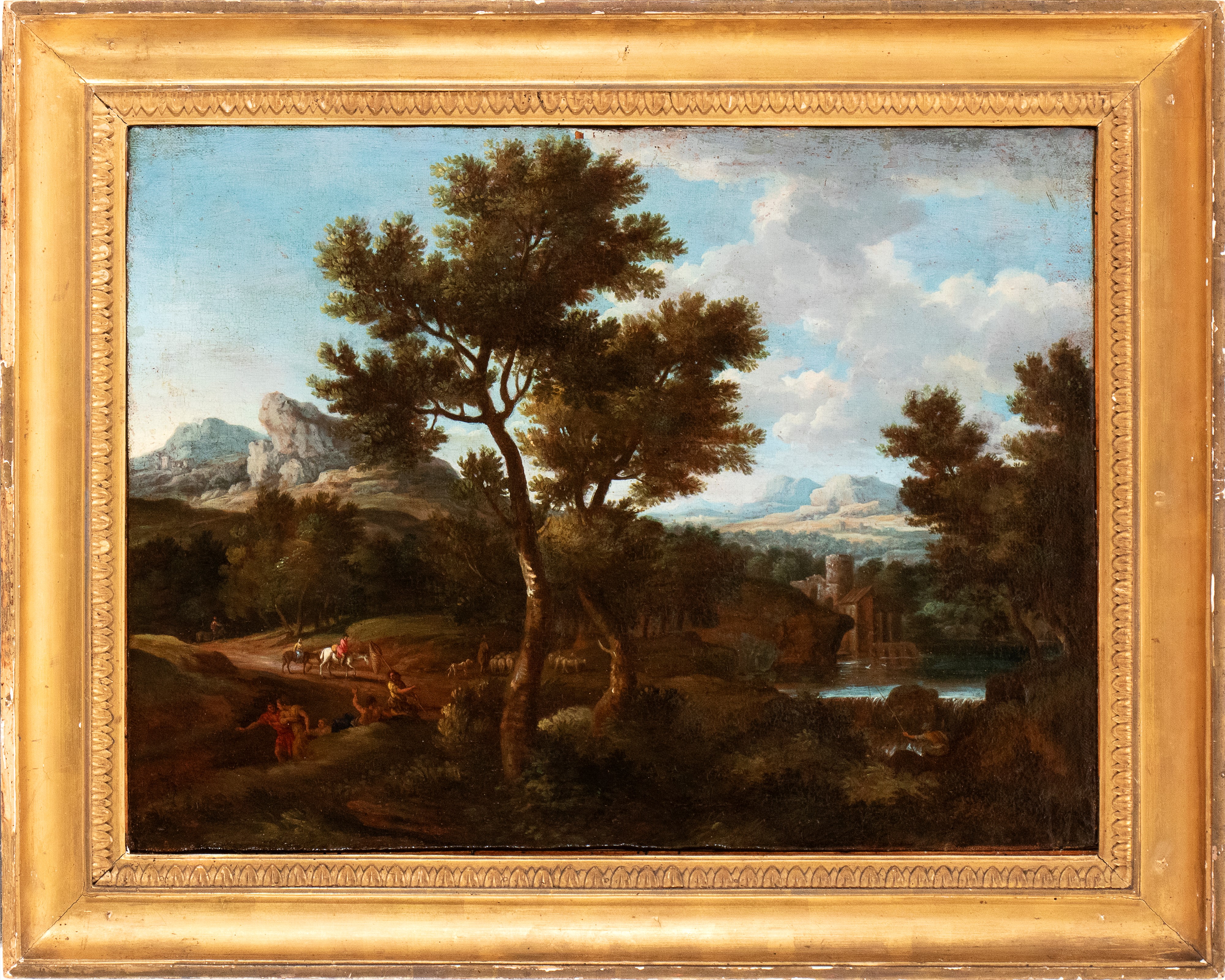 Paesaggio con cascatella, figure e castello