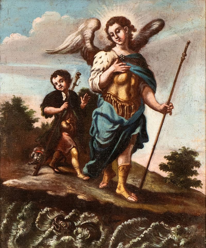 Artista Italiano, XVII Secolo - Autore non identificato, Tobiolo e l'angelo, olio su tela