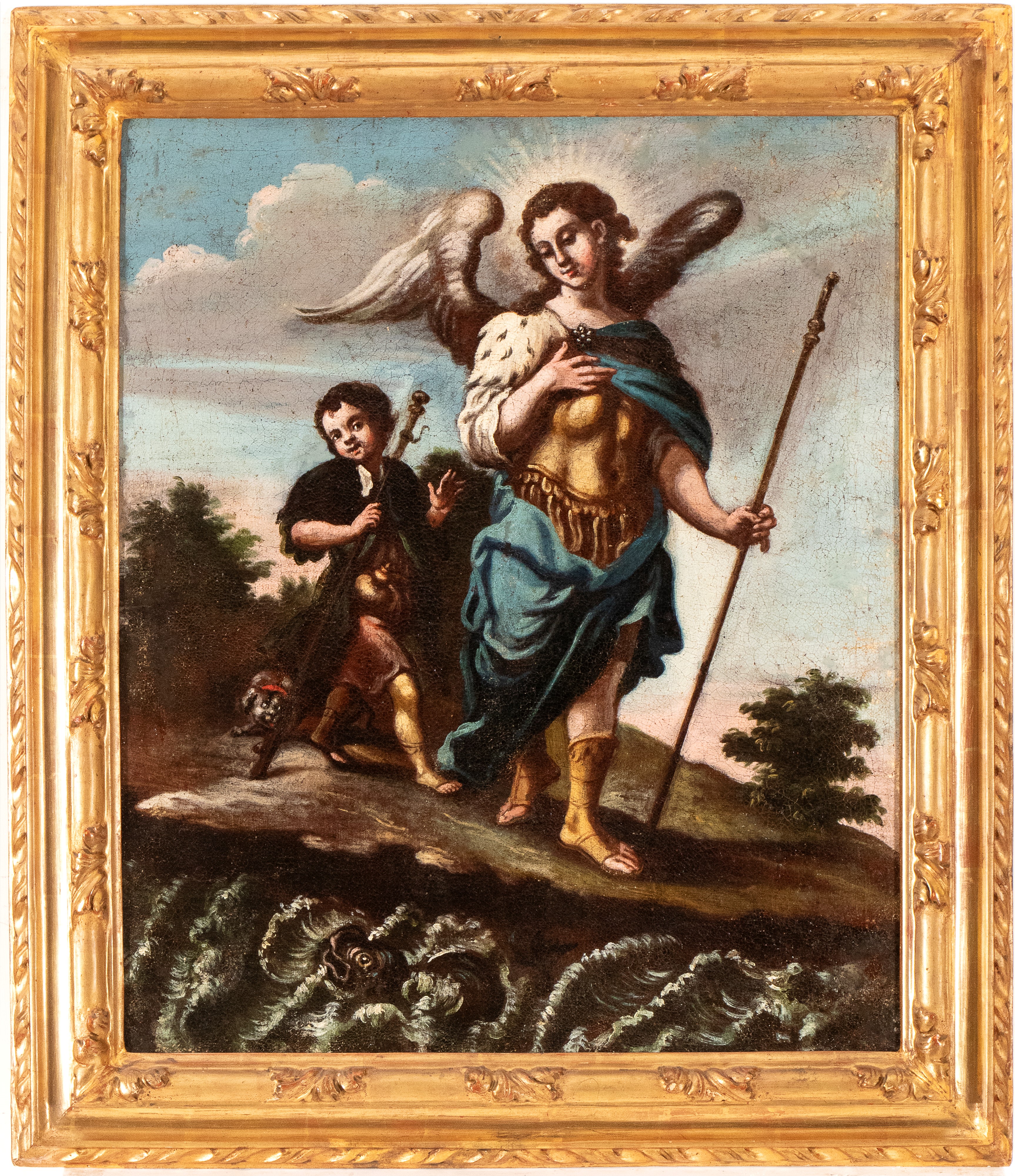 Artista Italiano, XVII Secolo - Autore non identificato, Tobiolo e l'angelo, olio su tela