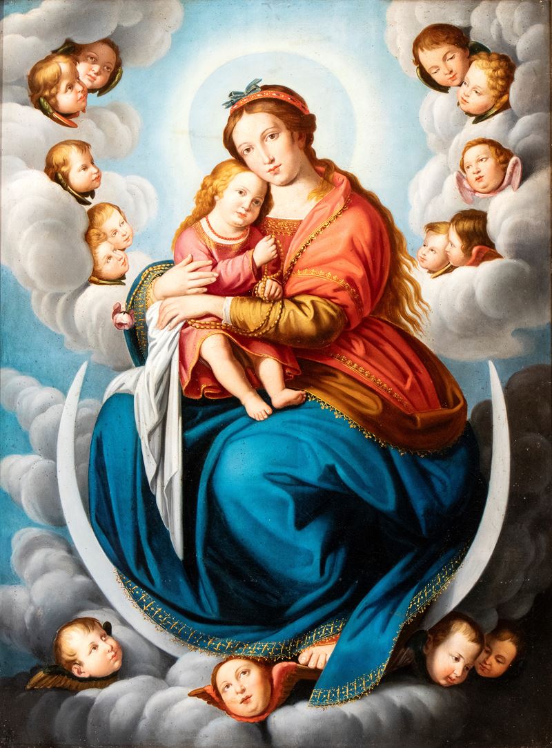 Giovanni Battista Salvi Sassoferrato - Madonna in gloria con il Bambino e gli angeli, olio su tel...