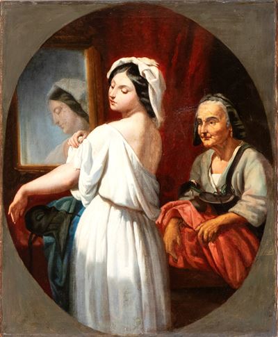 Autore Ignoto, Toletta di fanciulla con anziana fantesca, olio su tela