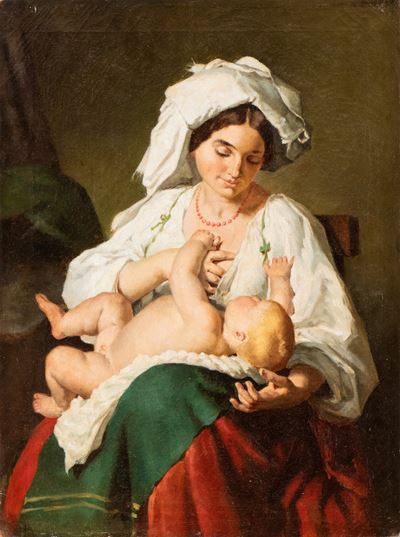 Donna abruzzese che allatta un infante, olio su tela