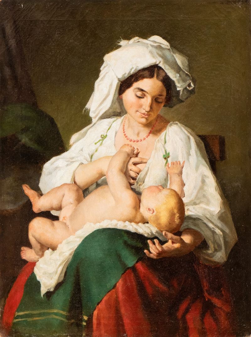 Alfred Van Muyden - Donna abruzzese che allatta un infante, olio su tela