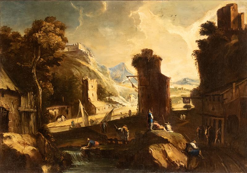 Paesaggio con corso d'acqua, figure e villaggio