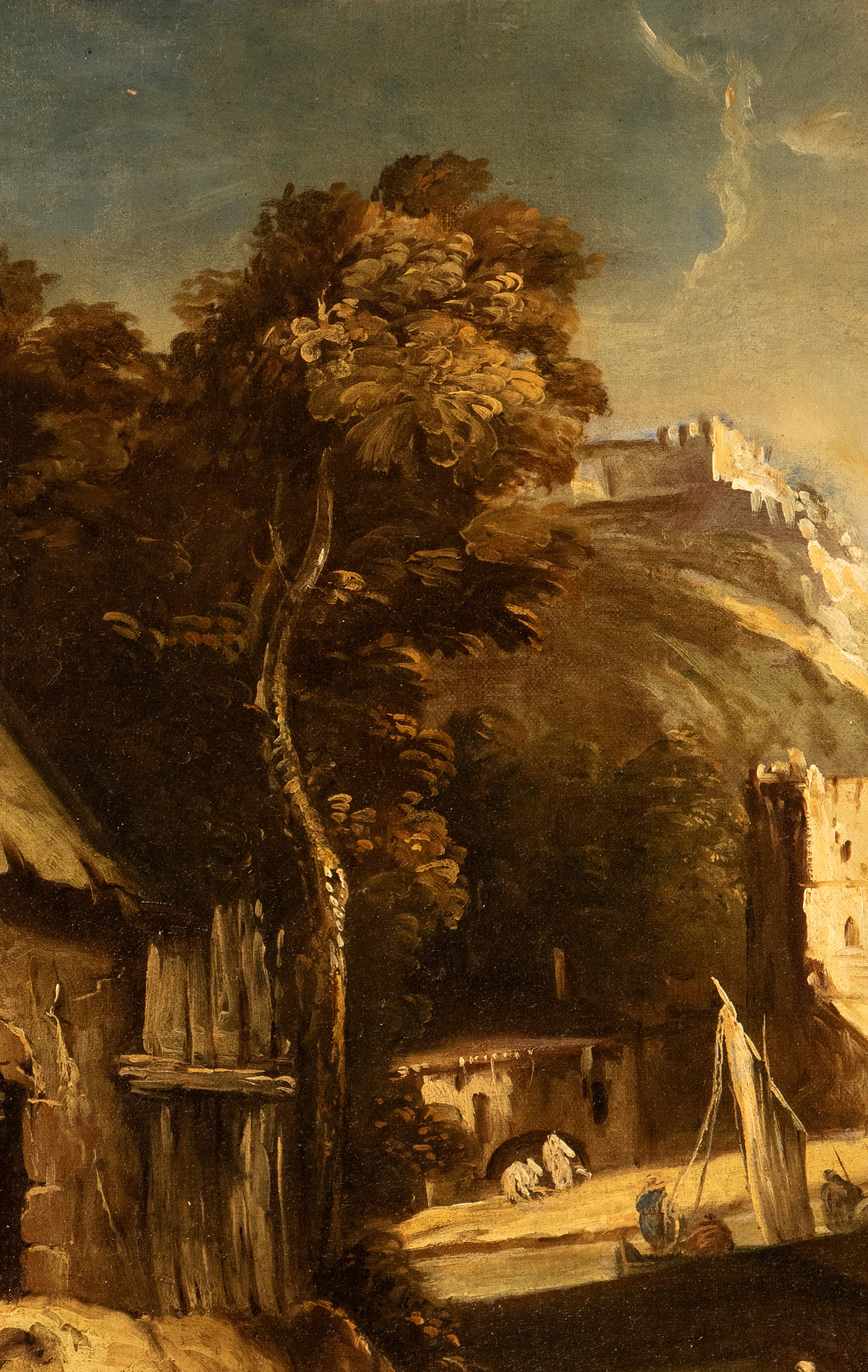 Paesaggio con corso d'acqua, figure e villaggio