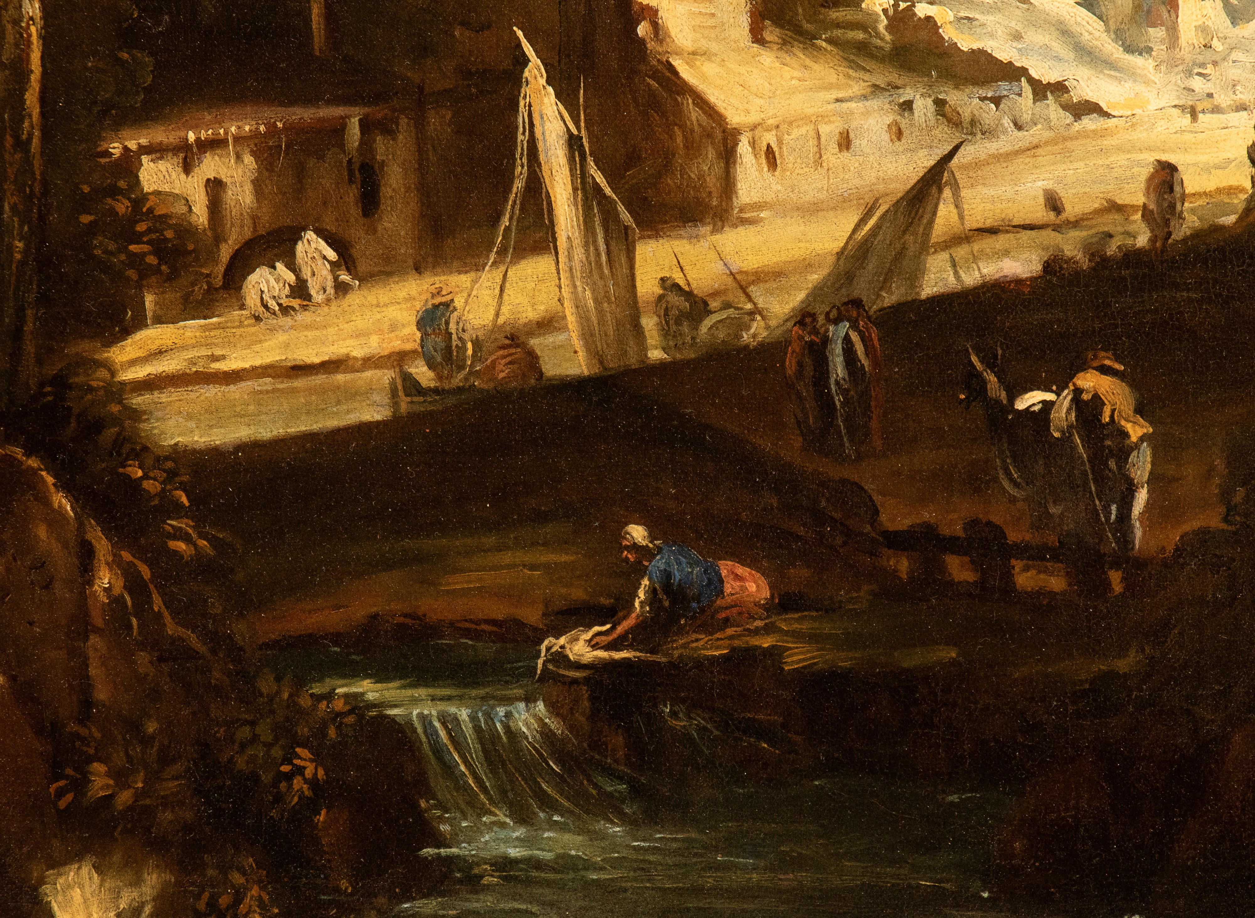 Paesaggio con corso d'acqua, figure e villaggio