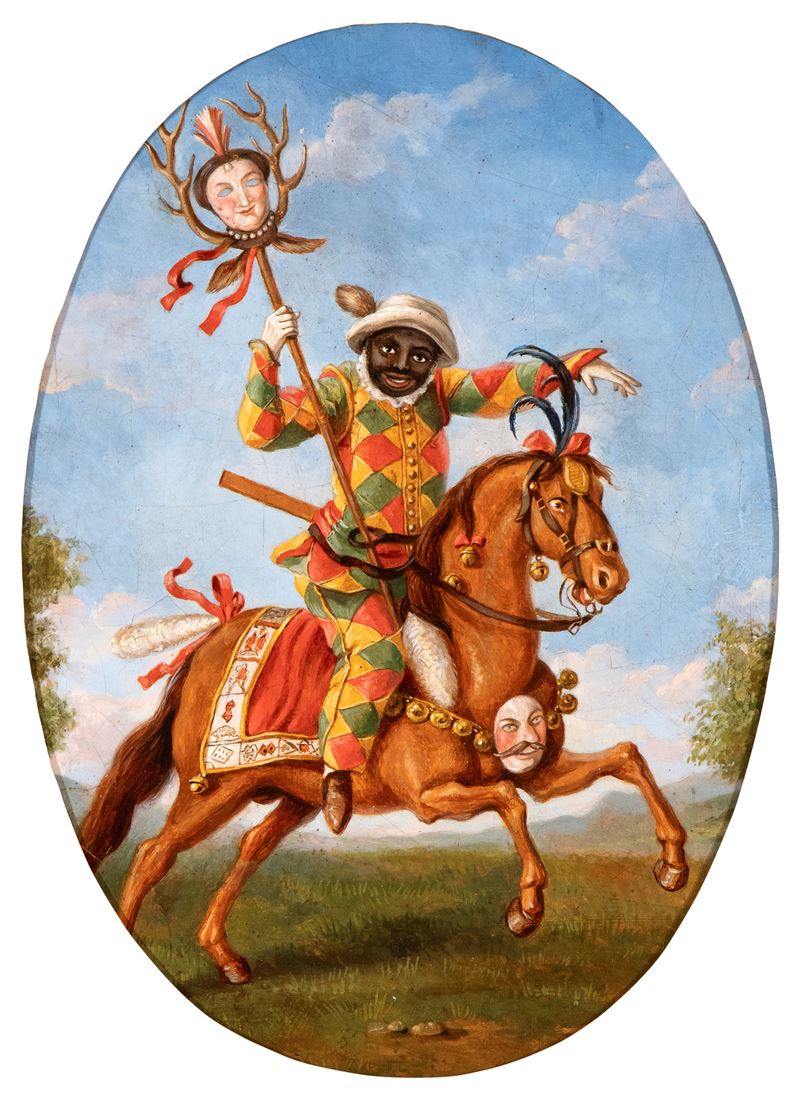 Martin Engelbrecht - Arlecchino a cavallo, olio su tela