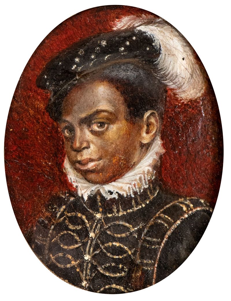 Artista XVII Secolo - Anonimo, Ritratto di moro con gorgiera e cappello piumato, olio su rame