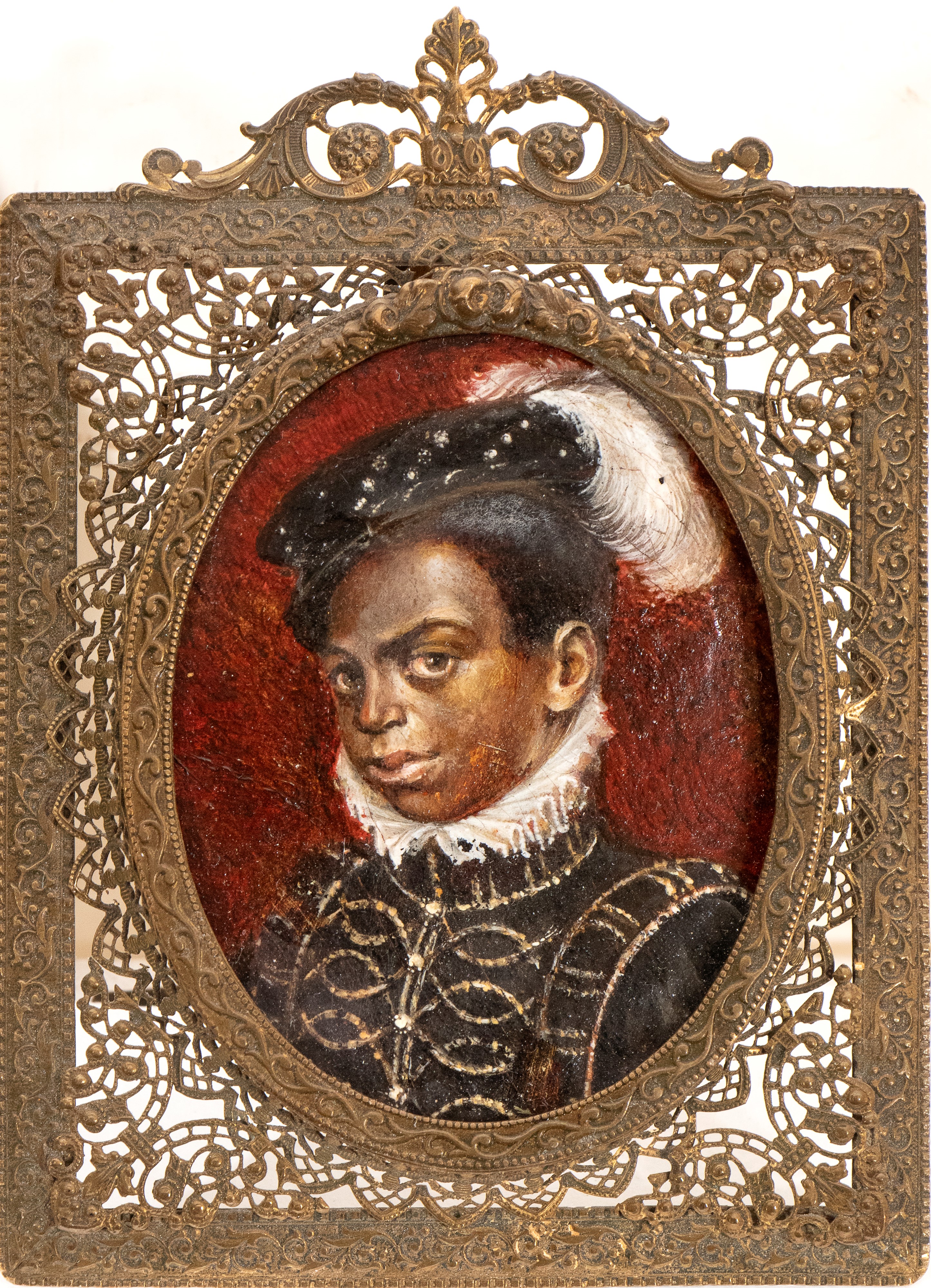 Artista XVII Secolo - Anonimo, Ritratto di moro con gorgiera e cappello piumato, olio su rame