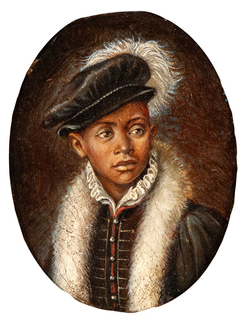 Artista XVII Secolo - Autore Non Identificato, Ritratto di moro con collo di pelliccia e cappello...