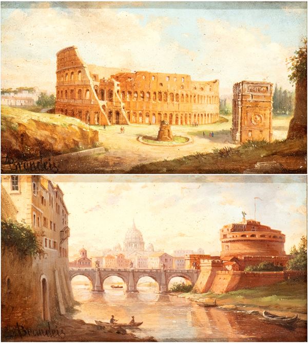 Artista italiano, XIX secolo - a) View of the Colosseum; b) View of Castel Sant'Angelo. Pair of paintings