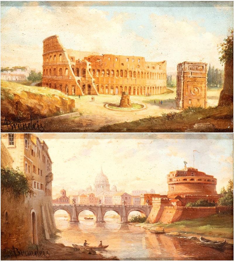 Artista Italiano, XIX Secolo - A. Brandeis, Veduta del Colosseo e Veduta di Castel Sant'Angelo, o...