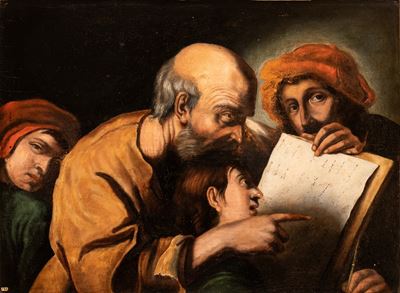 Lezione di matematica, olio su tavola