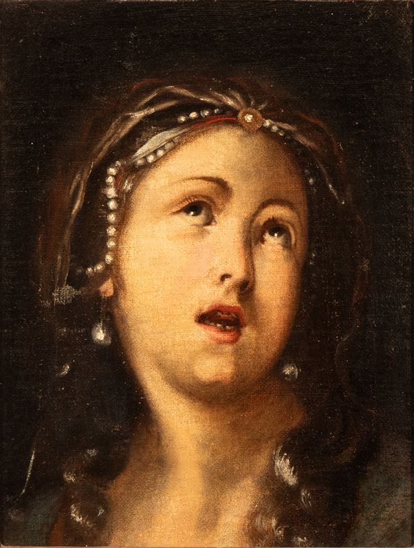 Artista veneto, XVII secolo - Portrait of a woman with a headdress and pearl earrings