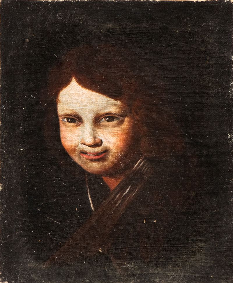 Giovanni Antonio Galli lo Spadarino - Ritratto di fanciullo sorridente, olio su tela riportato su...