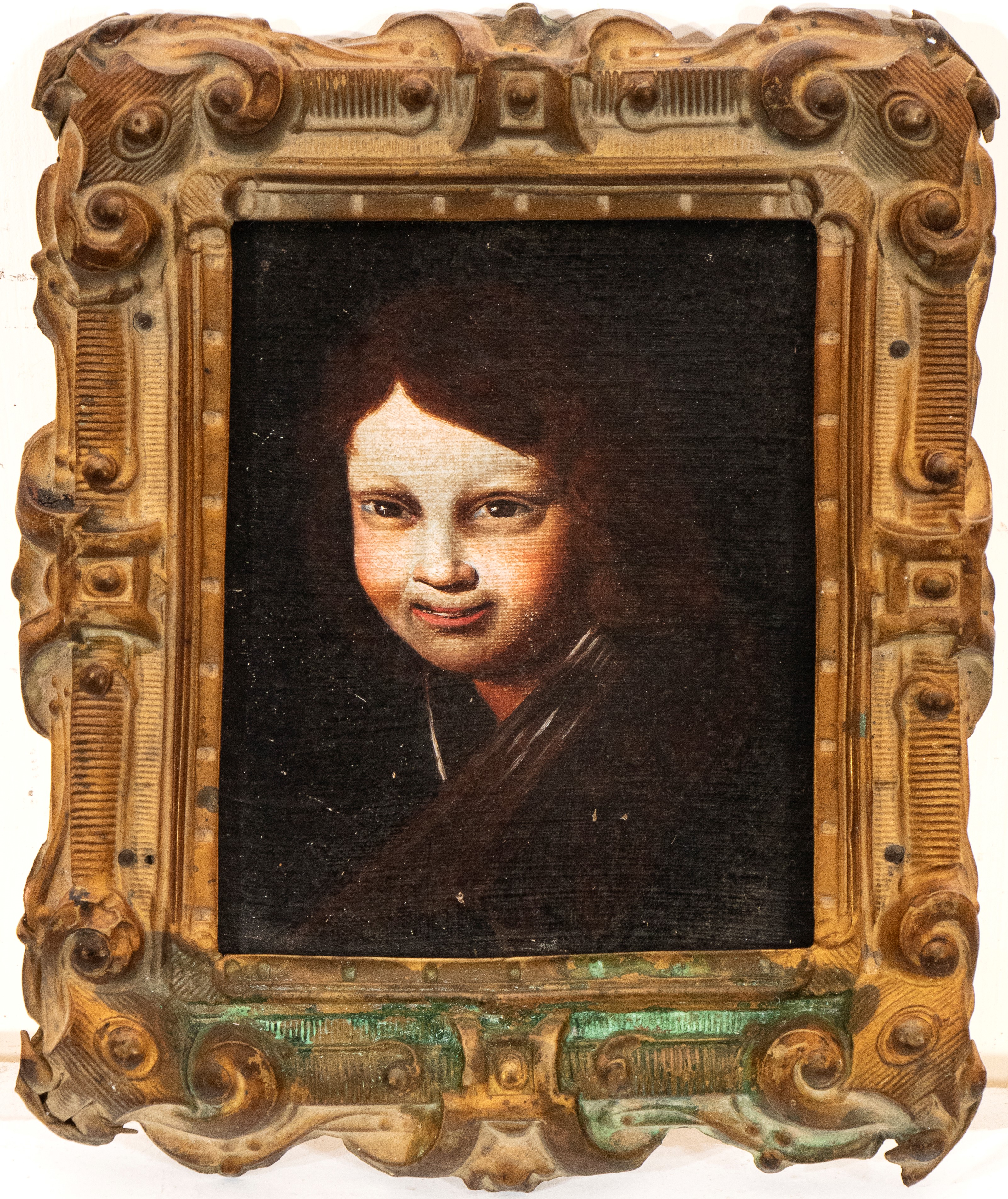 Giovanni Antonio Galli lo Spadarino - Ritratto di fanciullo sorridente, olio su tela riportato su...