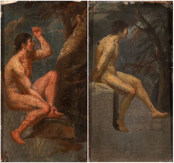 Artista emiliano, XVII secolo - a) Seated male nude; b) Male nude seated on a pedestal. Pair of paintings