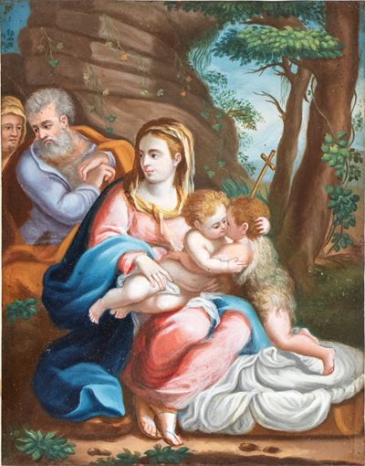 Sacra Famiglia con San Giovannino e Santa Elisabetta, olio su rame