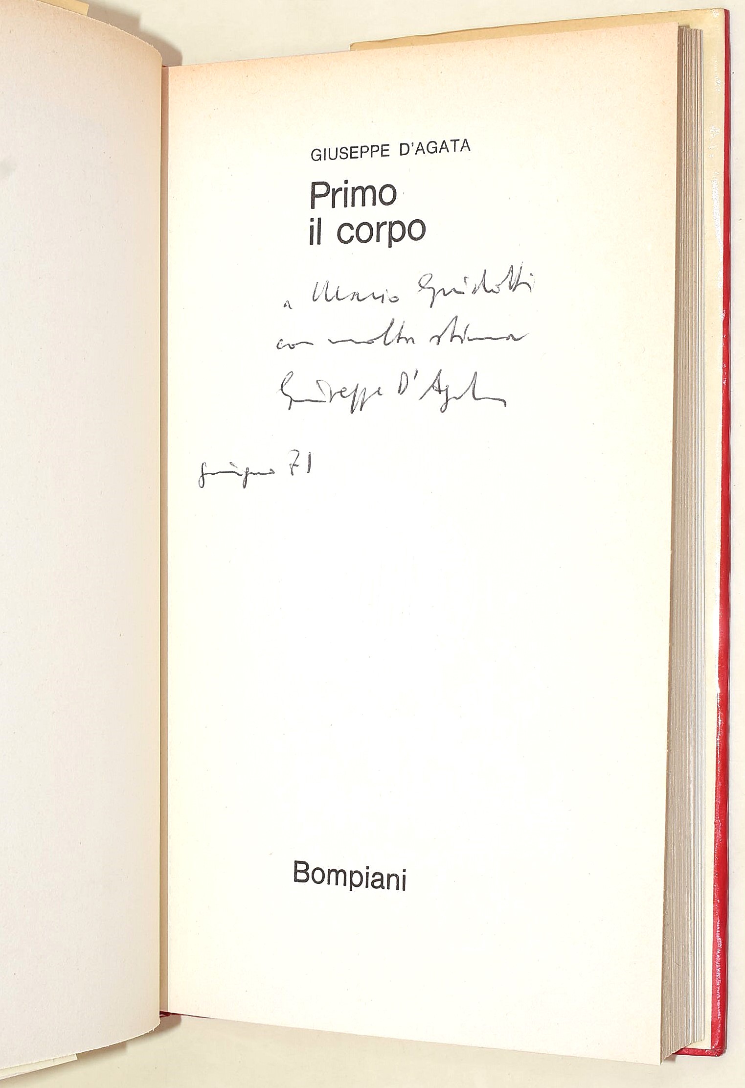 D'Agata Giuseppe, Primo il corpo, 1971, Copertina rigida con sovracoperta