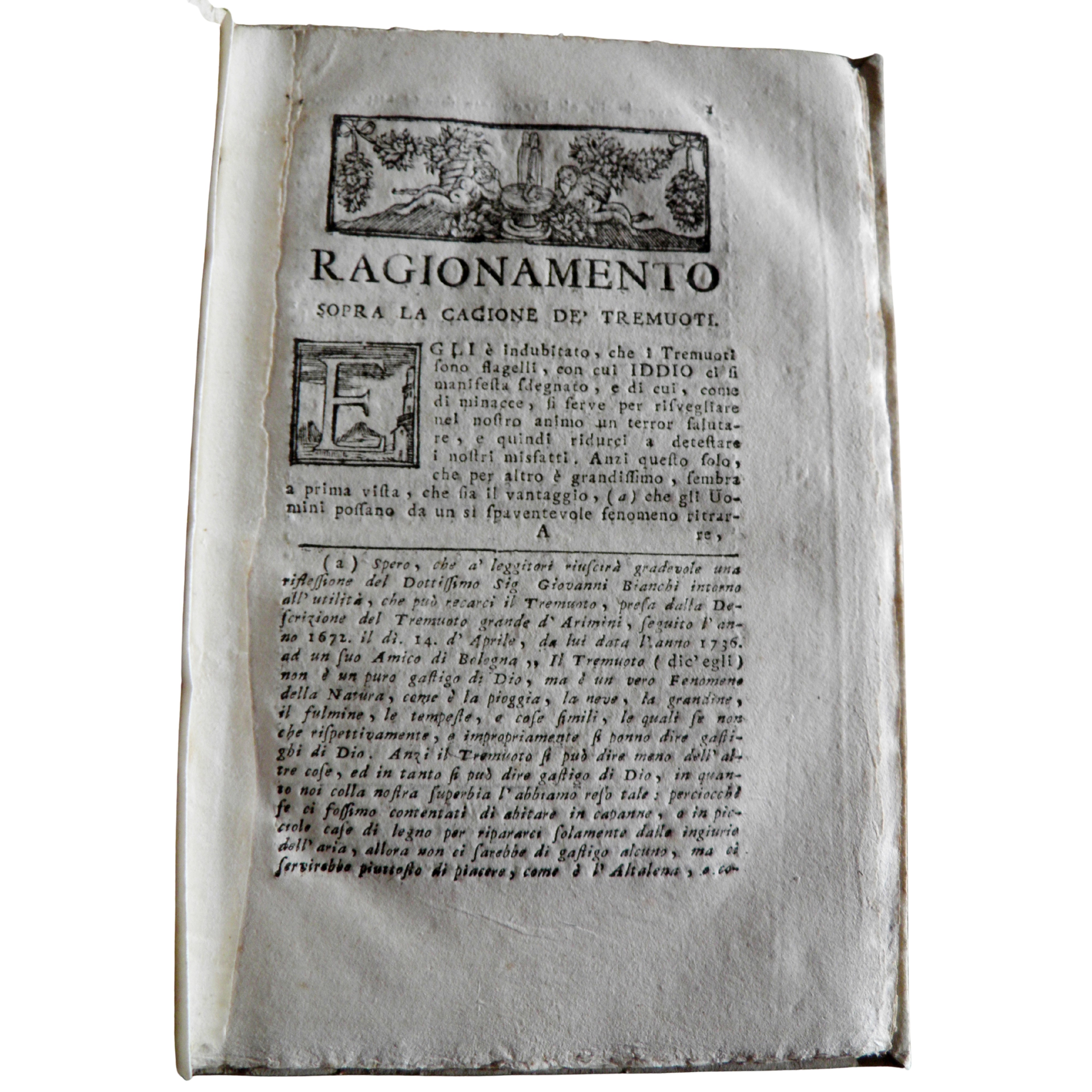 Andrea BINA. Ragionamento sopra la cagione de’ tremuoti del P. Don Andrea Bina Casinese, ... Dato...