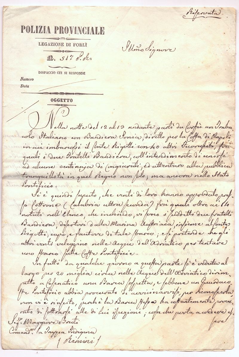 [Risorgimento] Lettera di quattro fogli, datata 28 giugno 1844, relativa a sospetti di uno sbarco...