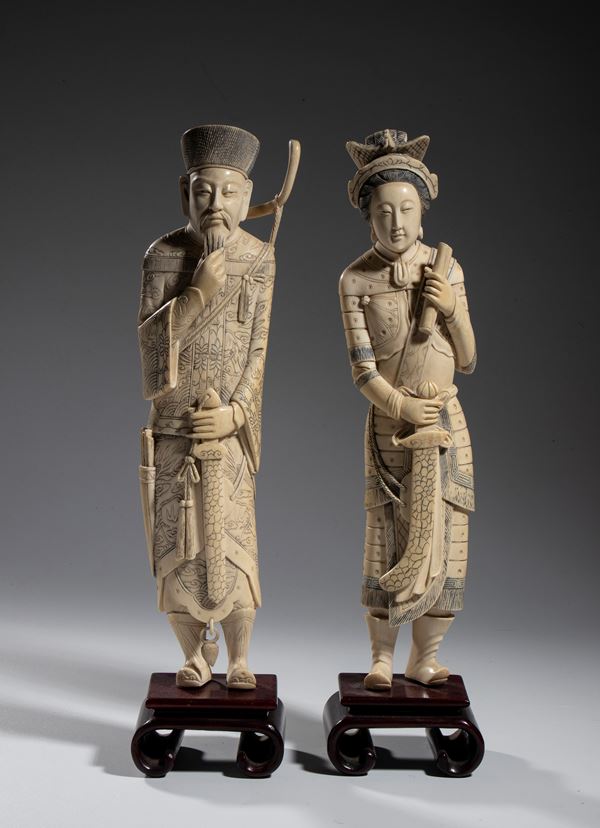 Pair of ivory dignitaries, China