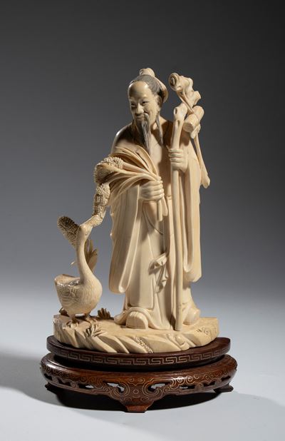 Gruppo figurato in avorio, saggio con oca, dinastia Qing