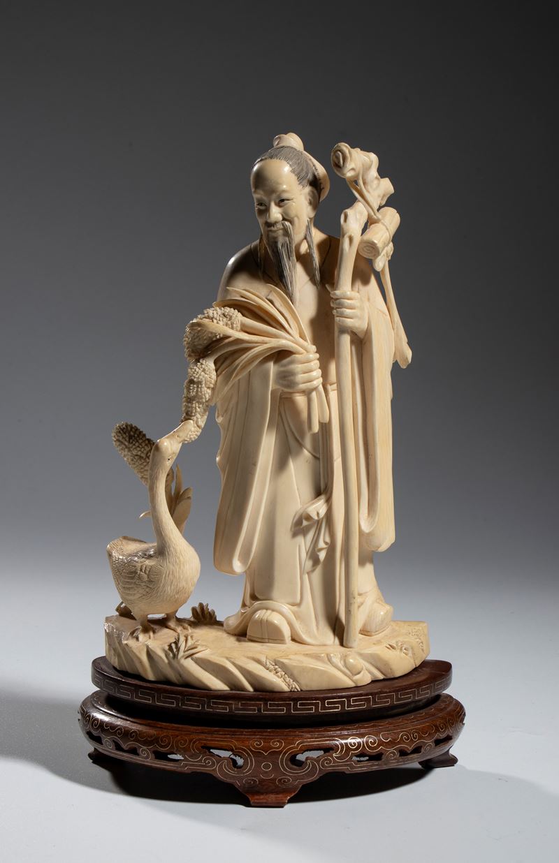 Gruppo figurato in avorio, saggio con oca, dinastia Qing