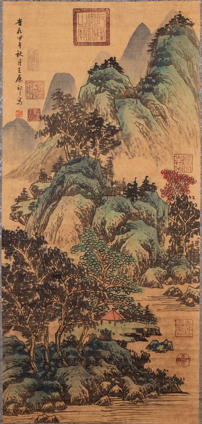 Dipinto su carta Shan shui, Paesaggio naturale con montagne e cascate, XX secolo
