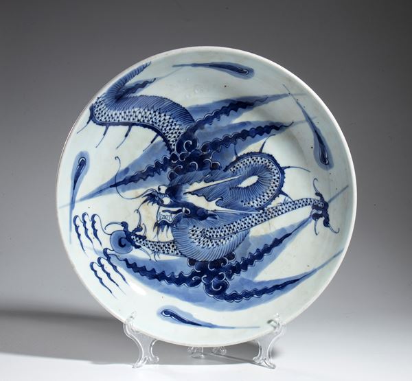 Blue and white porcelain plate with dragon, China