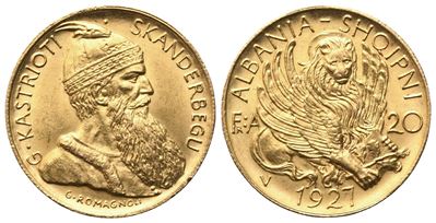 Giuseppe Romagnoli, Albania Zog I (1925-1939) – 20 Franga Ari “Scanderbeg” 1927, oro
