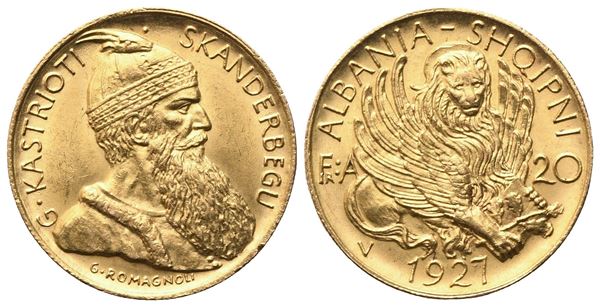 ALBANIA. Zog I (1925-1939). 20 Franga Ari "Scanderbeg" 1927; Au (6,47 g; 20,8 mm)